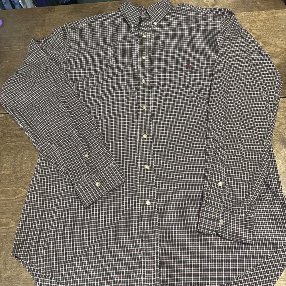 Vintage Ralph Lauren Classic Fit Plaid Button Down Shirt Brown Mens Large Tall